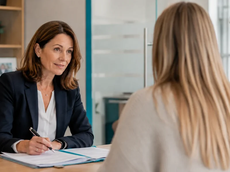 A solicitor meeting with clients, supported by an answering service for lawyers.