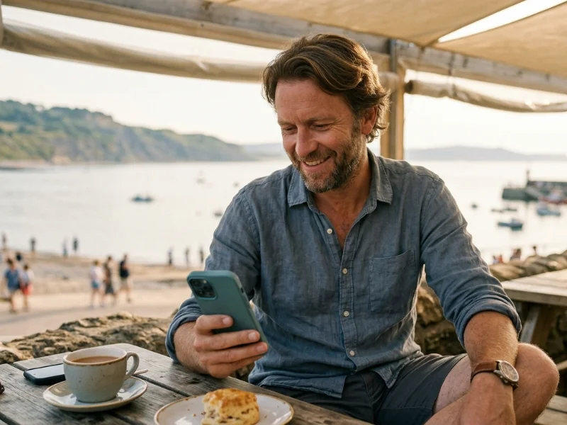 A relaxed UK small business owner on holiday, checking a message on their phone while their calls are handled by ReceptionHQ.