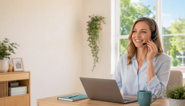 A smiling UK virtual receptionist wearing a headset answers business calls in a bright, sunlit summer office
