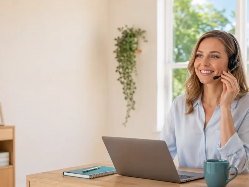 A smiling UK virtual receptionist wearing a headset answers business calls in a bright, sunlit summer office